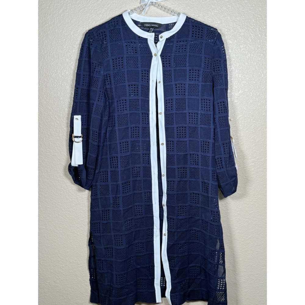 Ming Wang XL Long Tab Sleeve Textured Cardigan Blue With White Trim
